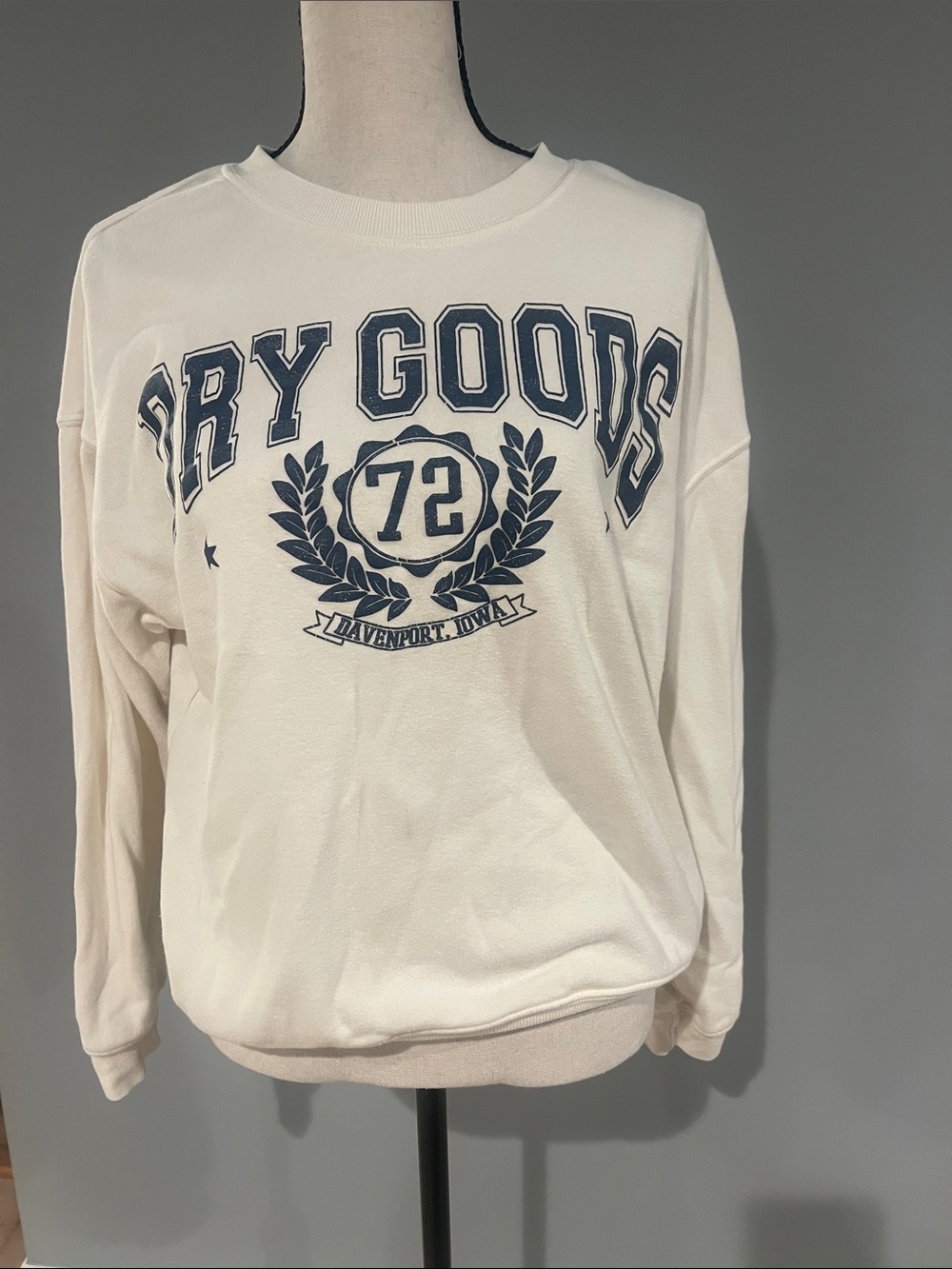 Dry Goods Ivory Crewneck with Navy Athletic Print
